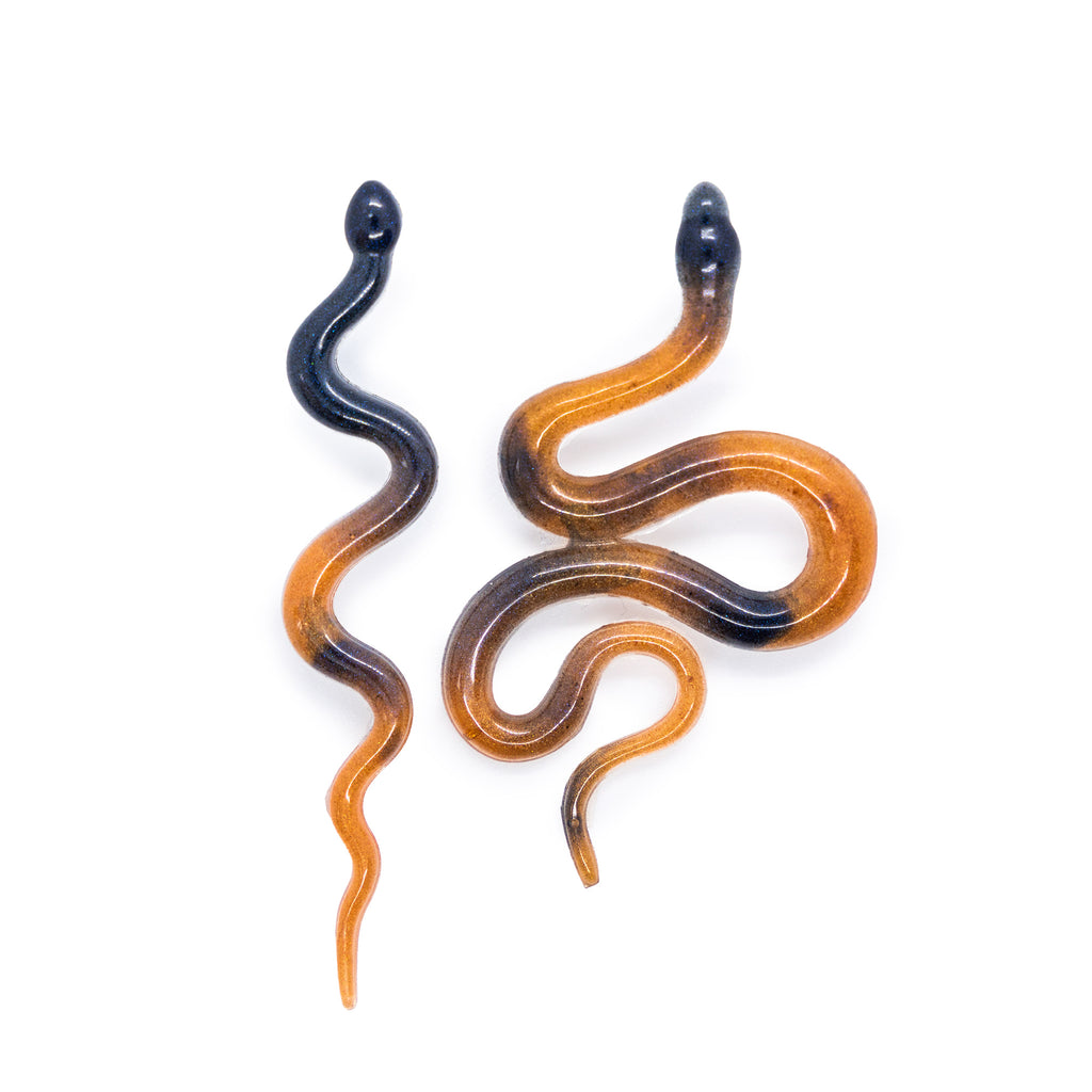 Mix matched pair of epoxy resin snake earrings., shown in orange and blue/black. 