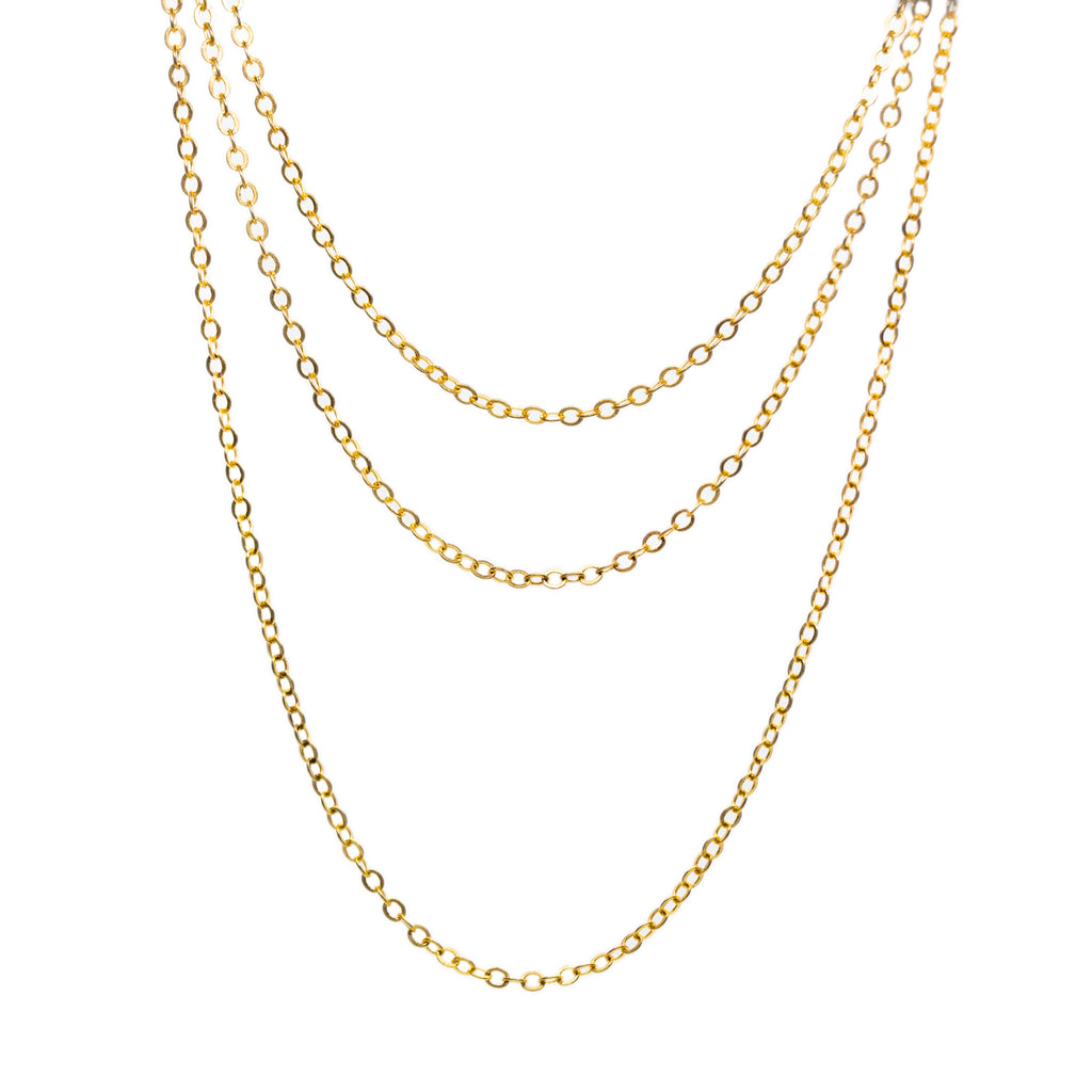 Three layers of plain gold tone chain hanging on white background.