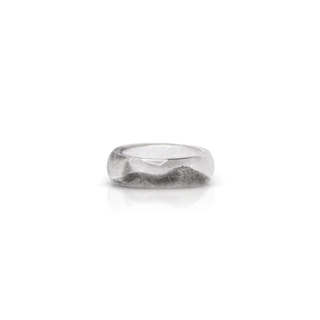 Clear resin ring with black highlight detail, and mix matched shape at top.