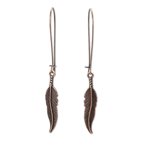 Bronze feather earrings, dangling on long hooks. Shown on solid white background