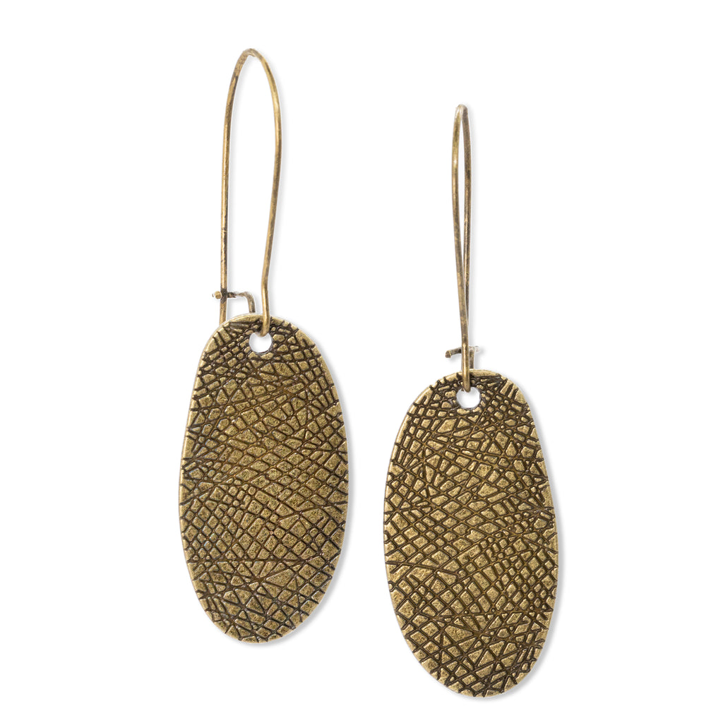 Bronze tone textured dangling earrings on solid white background