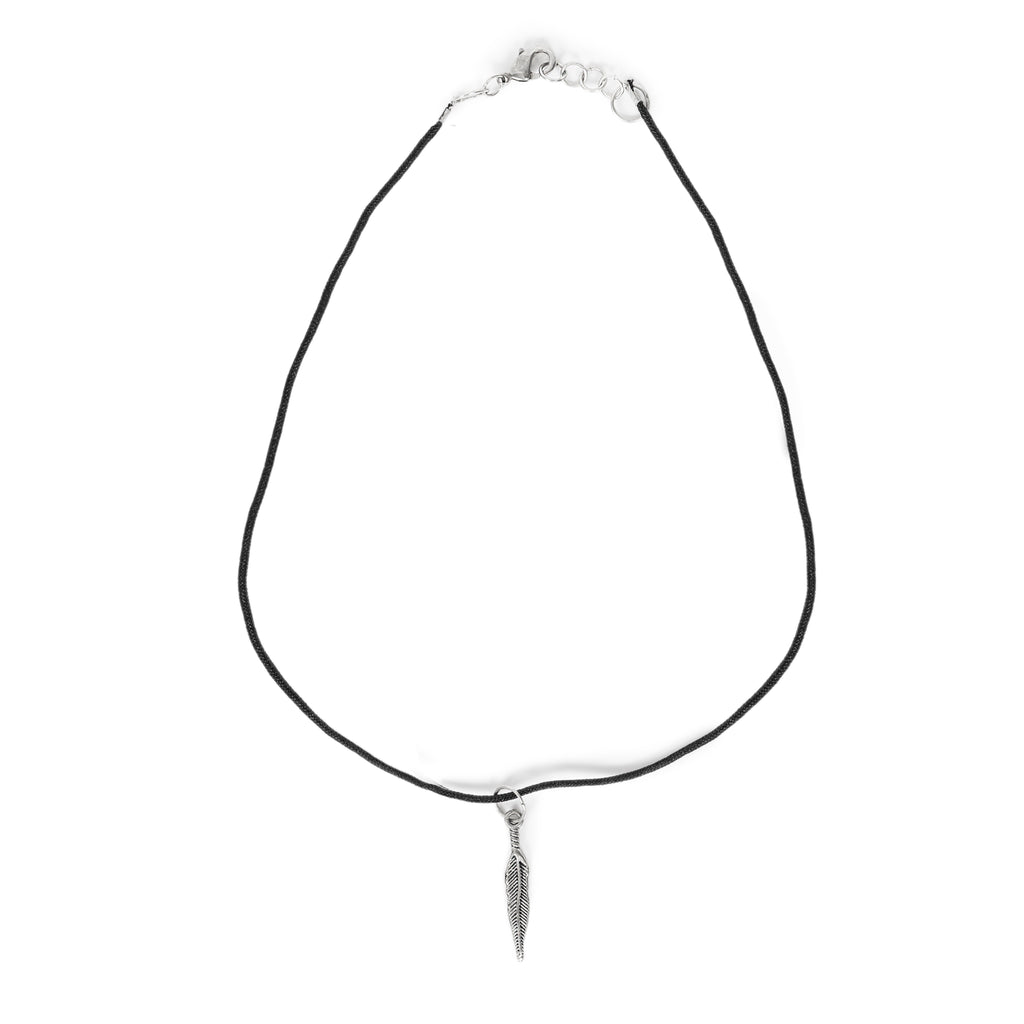 Sterling silver feather on black cording. Choker is on solid white background.