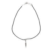 Sterling silver feather on black cording. Choker is on solid white background.