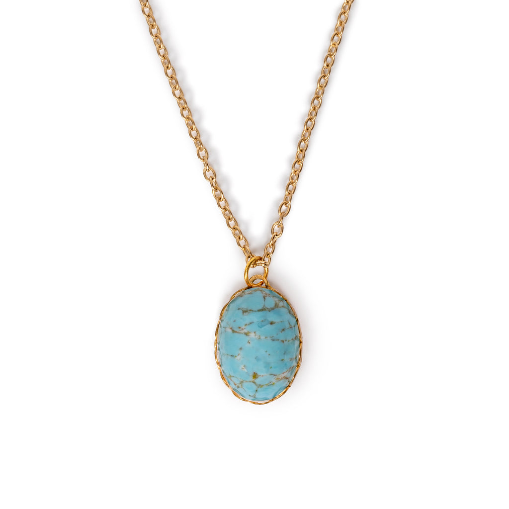 Imitation turquoise in gold backing, on gold chain. Image is on solid white background,