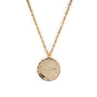 Agate round cab in gold backing, hanging on gold chain.