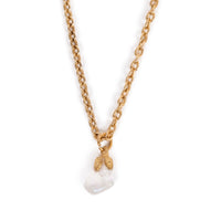 A small tumbled moonstone in gold bail on chain, sitting on solid white background.