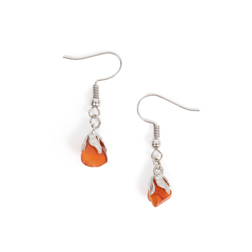Carnelian chip earrings hanging in alloy silver hooks. Photo has solid white background.