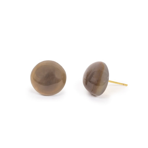 Round agate cab on imitation gold posts. Earrings are sitting on a solid white background.