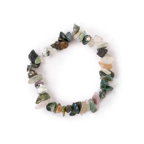 Green jasper chip bracelet in assorted tones, laying on a solid white background.
