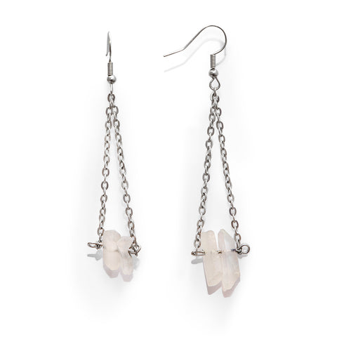 Double quartz point earrings hanging on silver chain and hooks