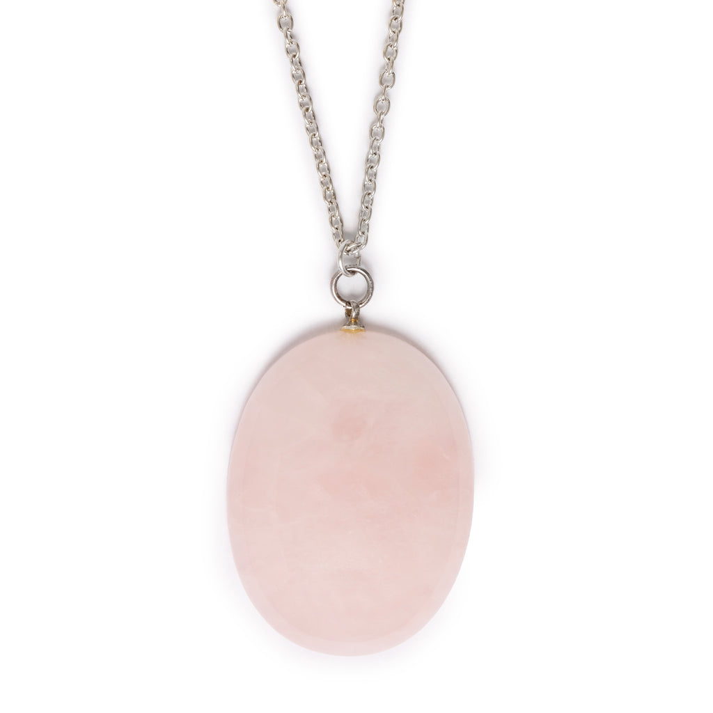 Large oval rose quartz cabochon hanging on silver chain. Image is on a solid white background.