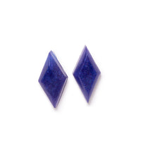 Blue glittery diamond shaped earrings both facing forward. Image on solid white background.