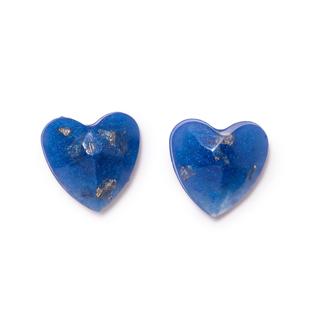 Blue textured heart earrings, with gold fleck inside, both facing forward. Image is on solid white background.