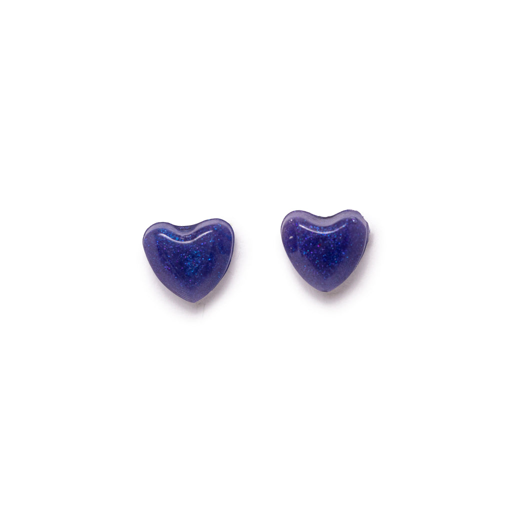Blue/Purple heart earrings both facing forward, on solid white background.